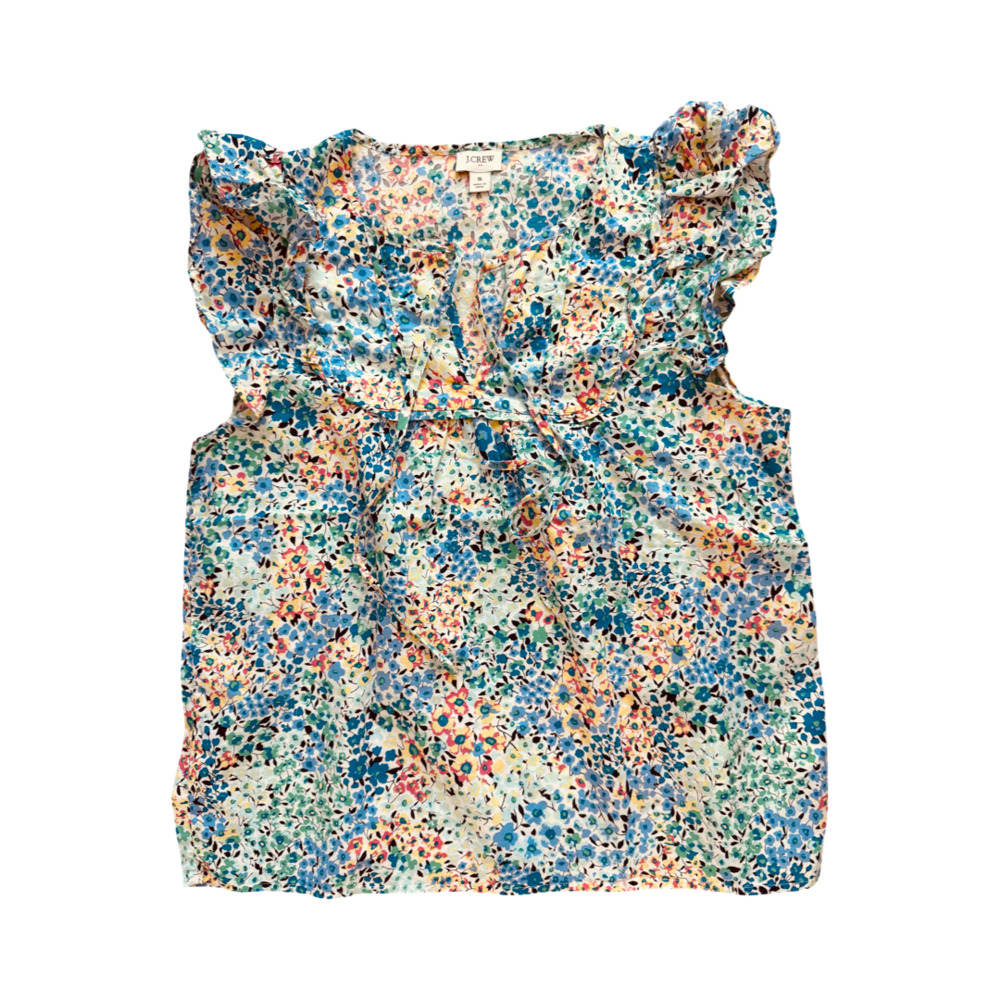 J.Crew Multicolor Floral Front Yoke Flutter Sleeve Cotton Blouse